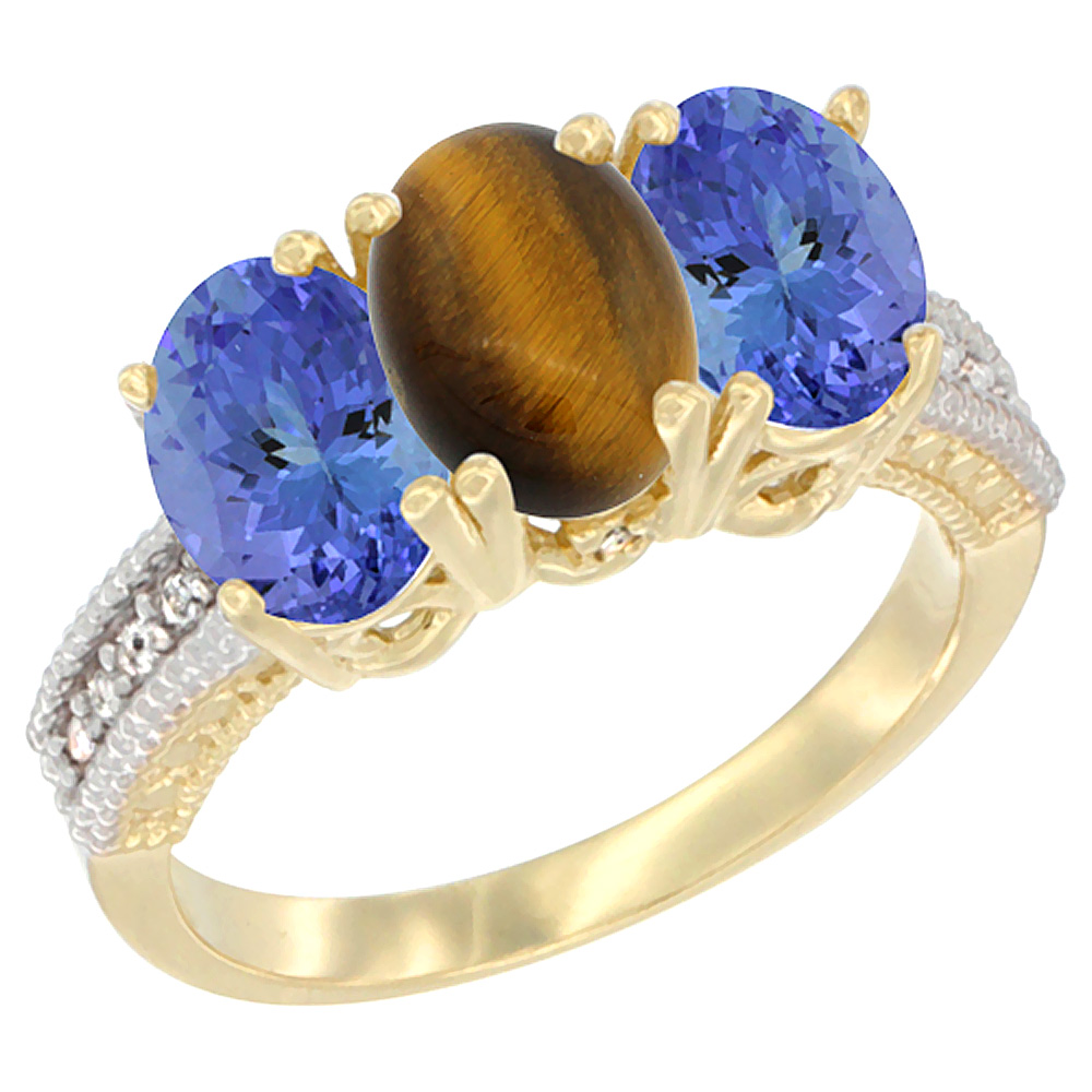 10K Yellow Gold Natural Tiger Eye & Tanzanite Sides Ring 3-Stone Oval 7x5 mm Diamond Accent, sizes 5 - 10