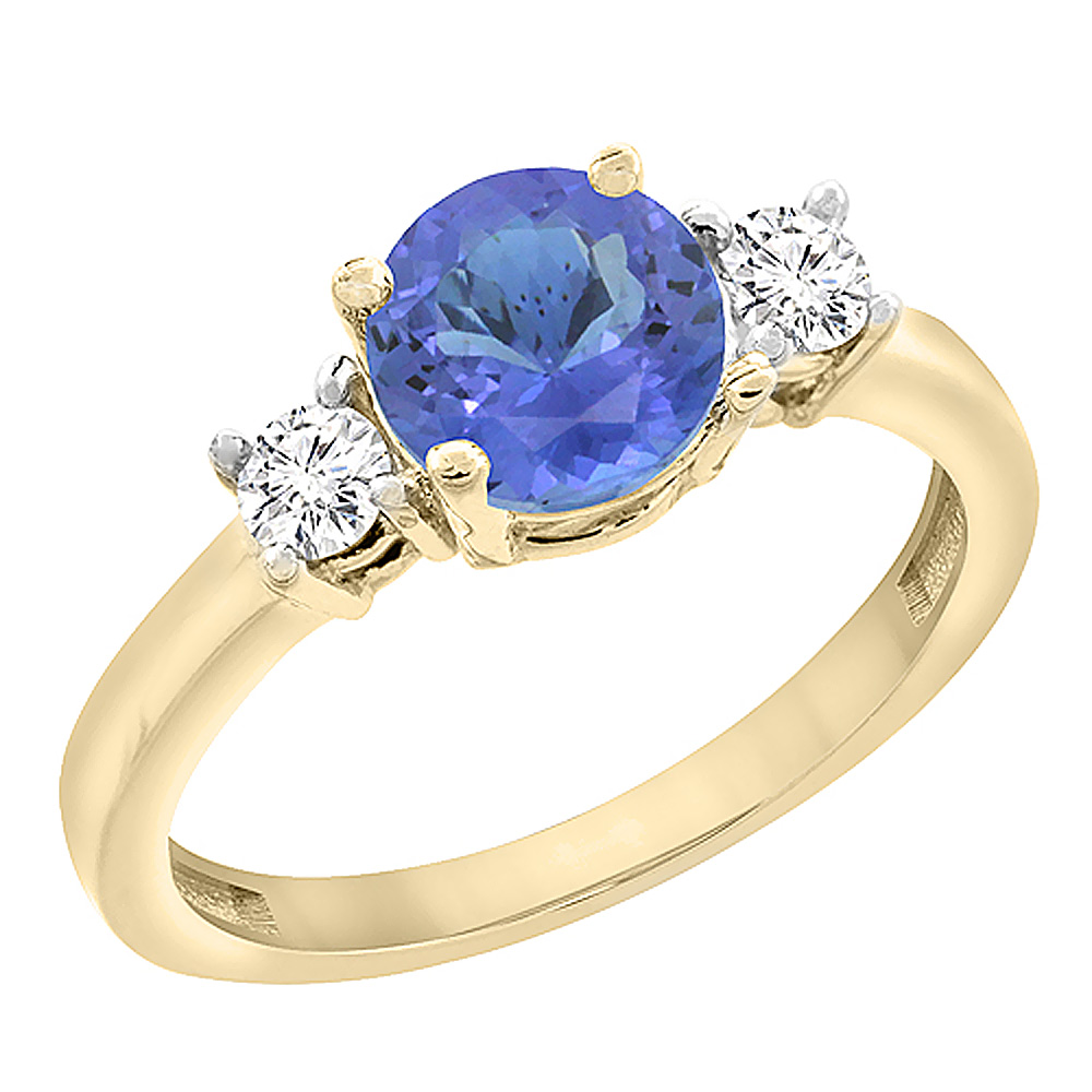 10K Yellow Gold Diamond Natural Tanzanite Engagement Ring Round 7mm, sizes 5 to 10 with half sizes