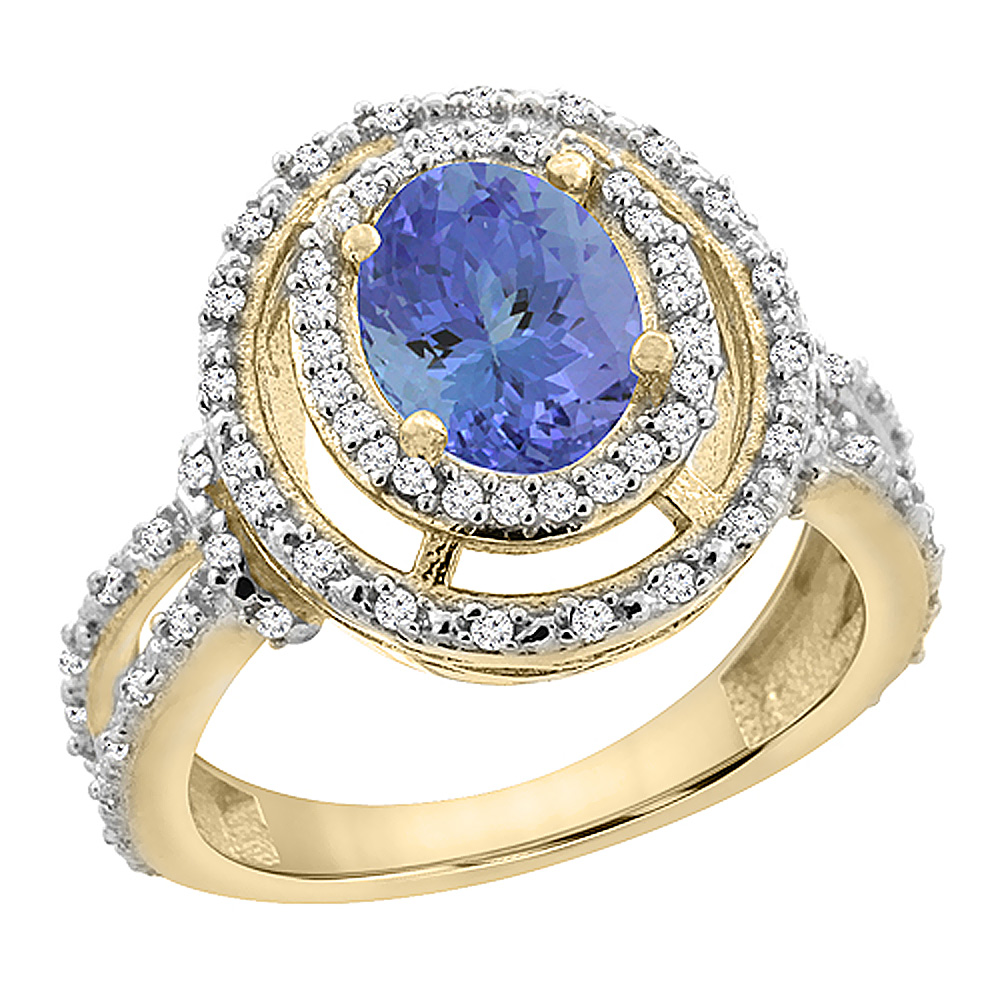 10K Yellow Gold Natural Tanzanite Ring Oval 8x6 mm Double Halo Diamond, sizes 5 - 10
