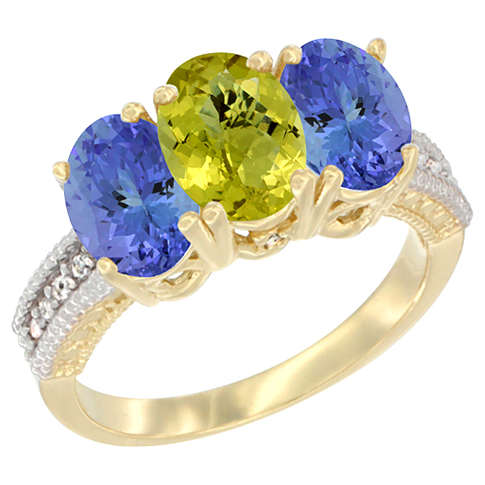 10K Yellow Gold Natural Lemon Quartz & Tanzanite Sides Ring 3-Stone Oval 7x5 mm Diamond Accent, sizes 5 - 10