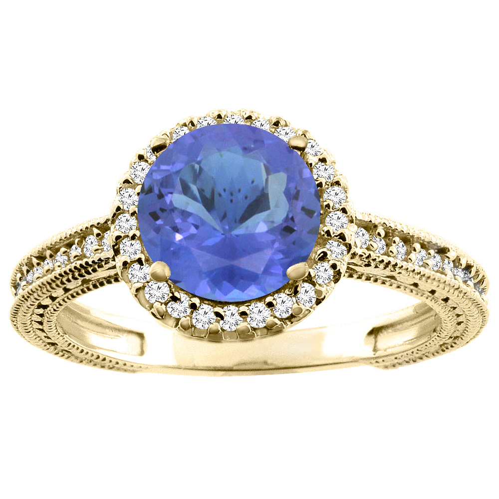 10K White/Yellow/Rose Gold Natural Tanzanite Ring Round 7mm Diamond Accent, sizes 5 - 10