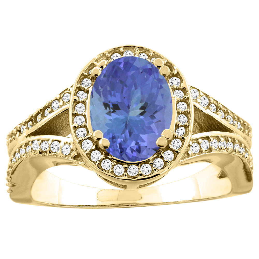 10K White/Yellow Gold Natural Tanzanite Split Ring Oval 8x6mm Diamond Accent, sizes 5 - 10