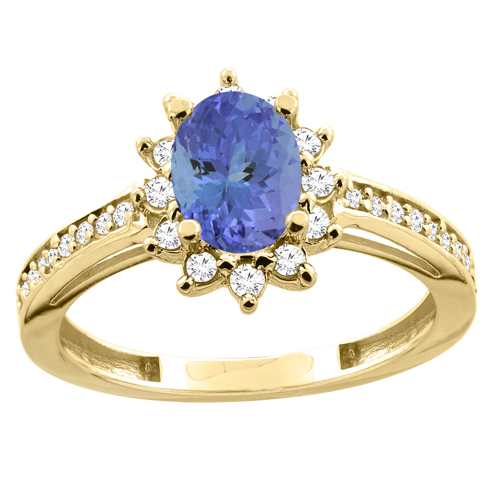 10K White/Yellow Gold Diamond Natural Tanzanite Floral Halo Engagement Ring Oval 7x5mm, sizes 5 - 10