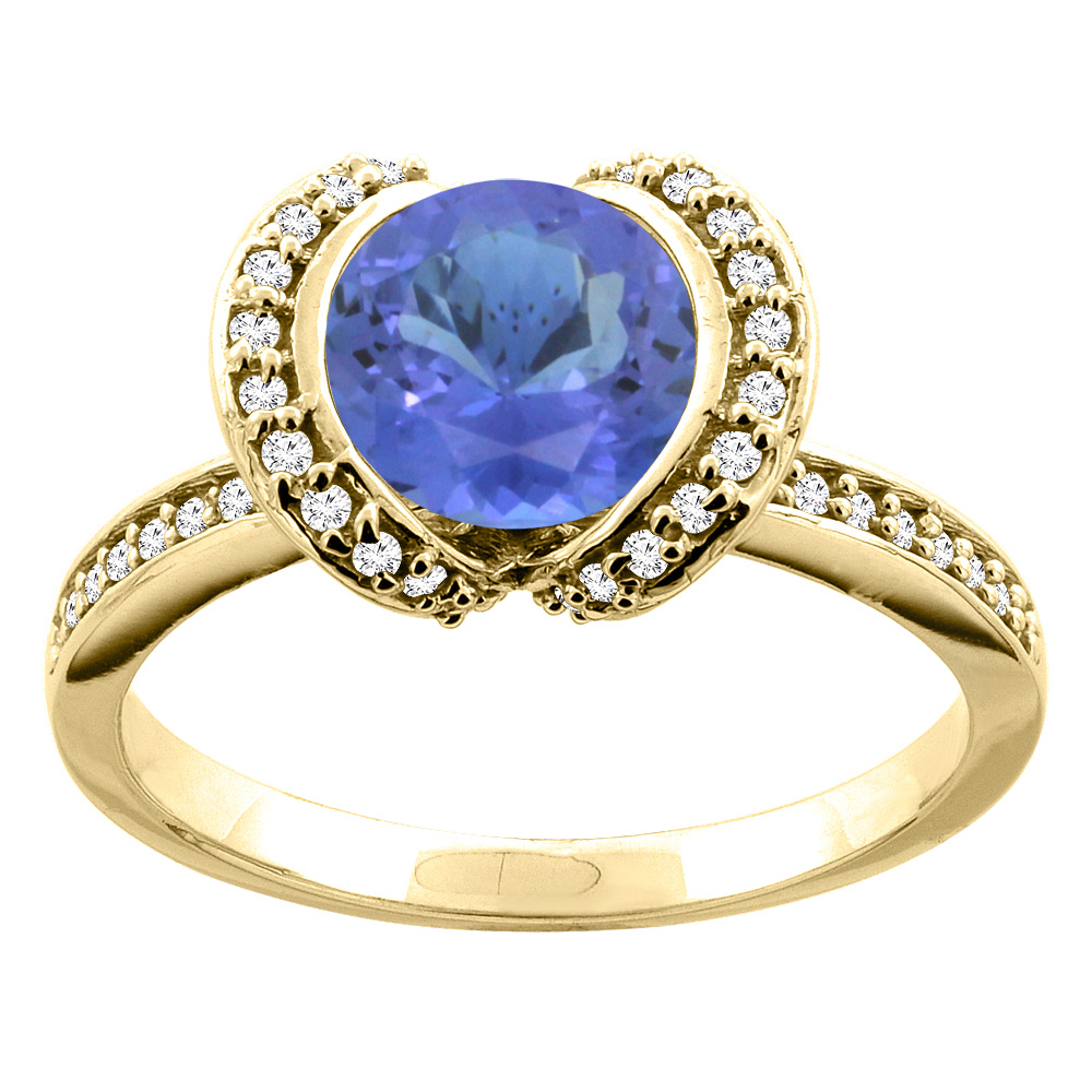 10K White/Yellow Gold Natural Tanzanite Ring Round 7mm Diamond Accent, sizes 5 - 10