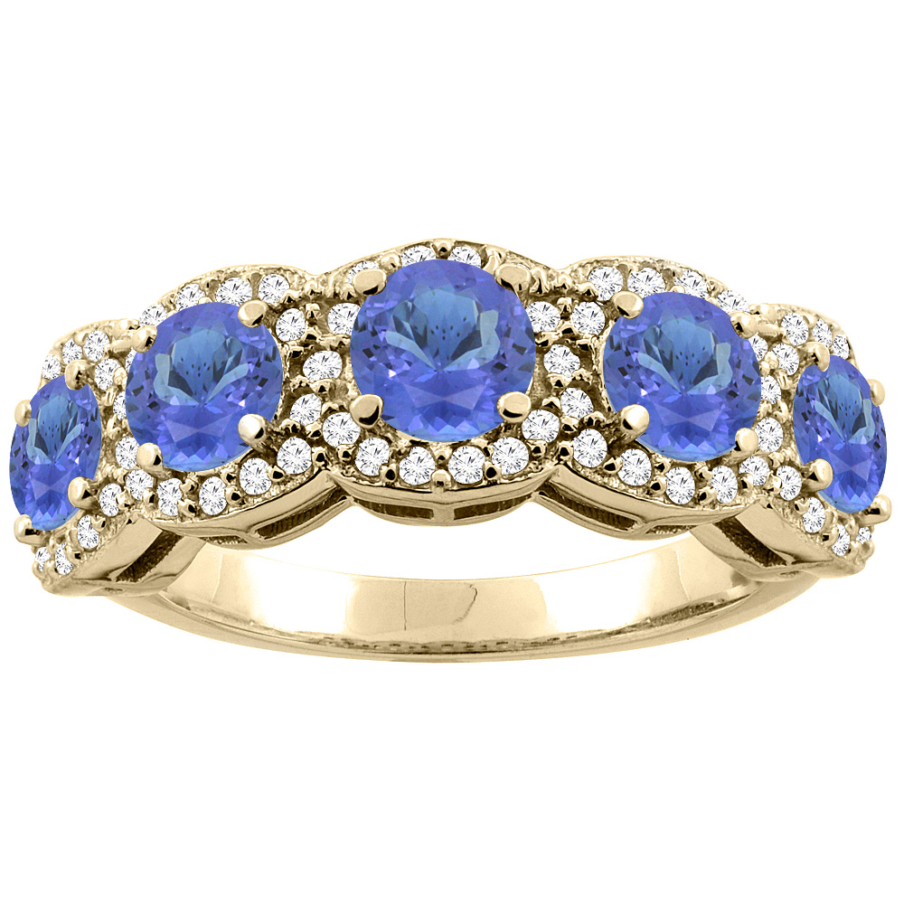 10K Gold Natural Tanzanite 5-Stone Ring Round 4mm, sizes 5 - 10