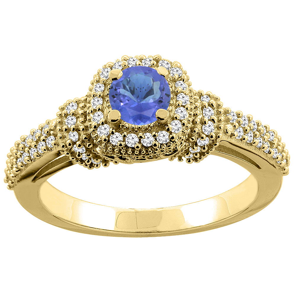 10K Gold Natural Tanzanite Engagement Halo Ring Round 5mm Diamond Accents, sizes 5 - 10