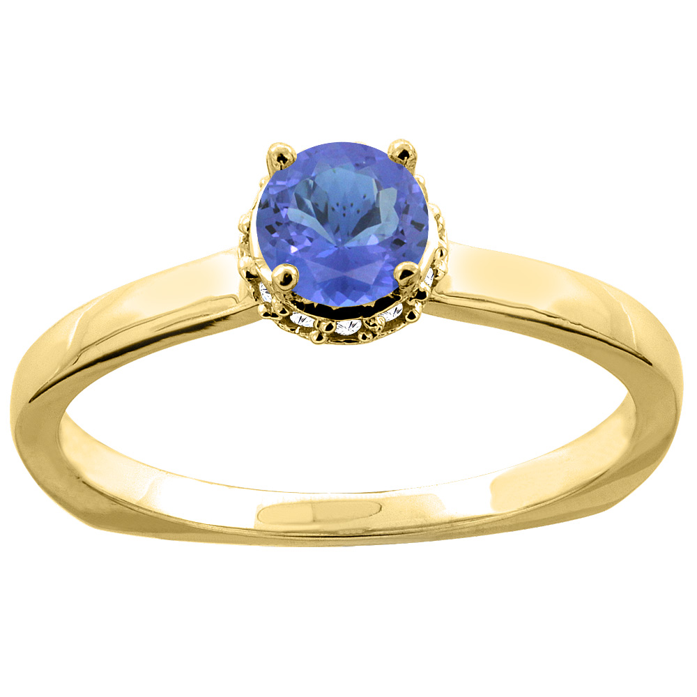 10K Gold Natural Tanzanite Solitaire Engagement Ring Round 4mm Diamond Accents, sizes 5 - 10