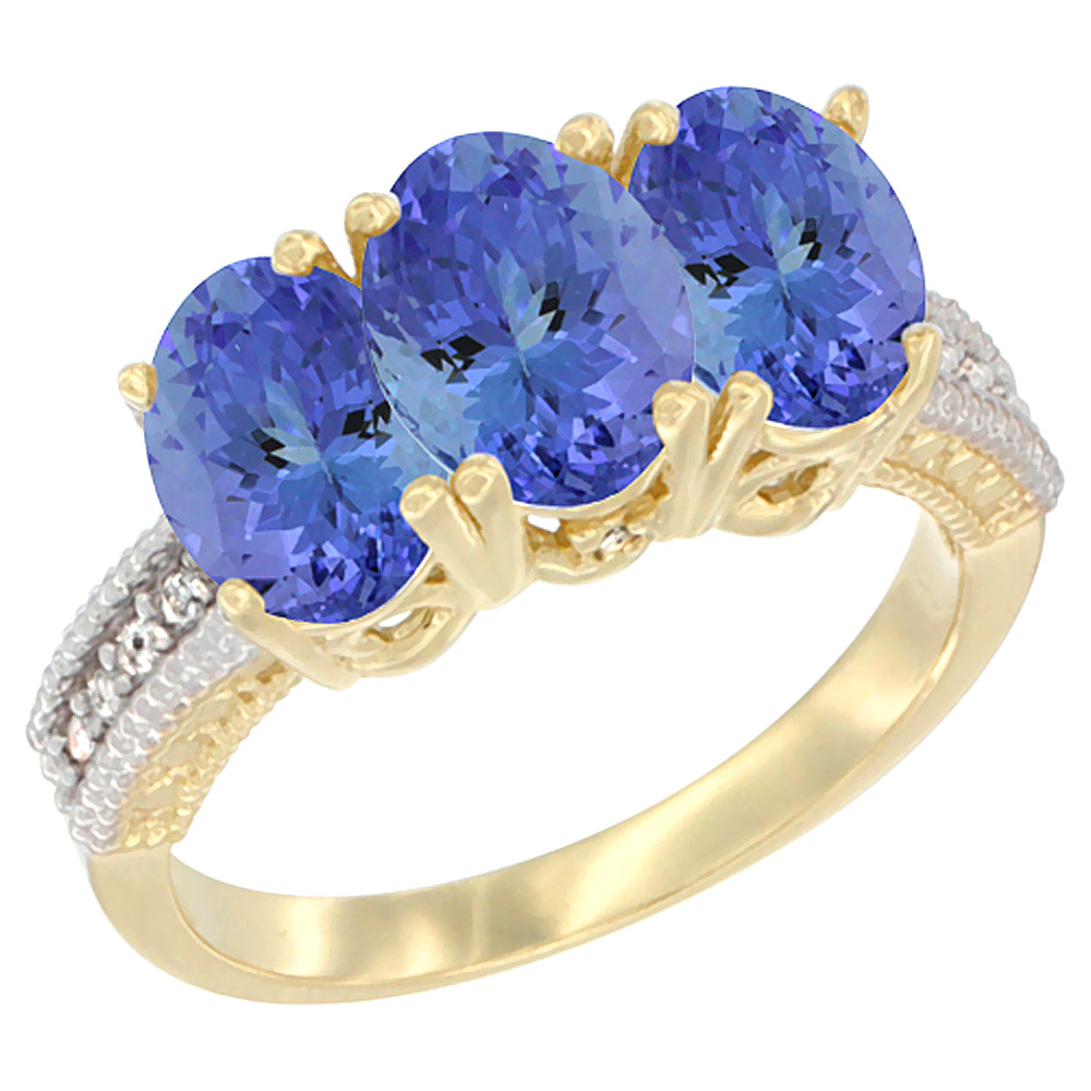 10K Yellow Gold Natural Tanzanite Ring 3-Stone Oval 7x5 mm Diamond Accent, sizes 5 - 10