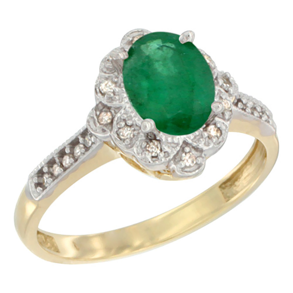 10K Yellow Gold Natural High Quality Emerald Ring Oval 8x6 mm Floral Diamond Halo, sizes 5 - 10