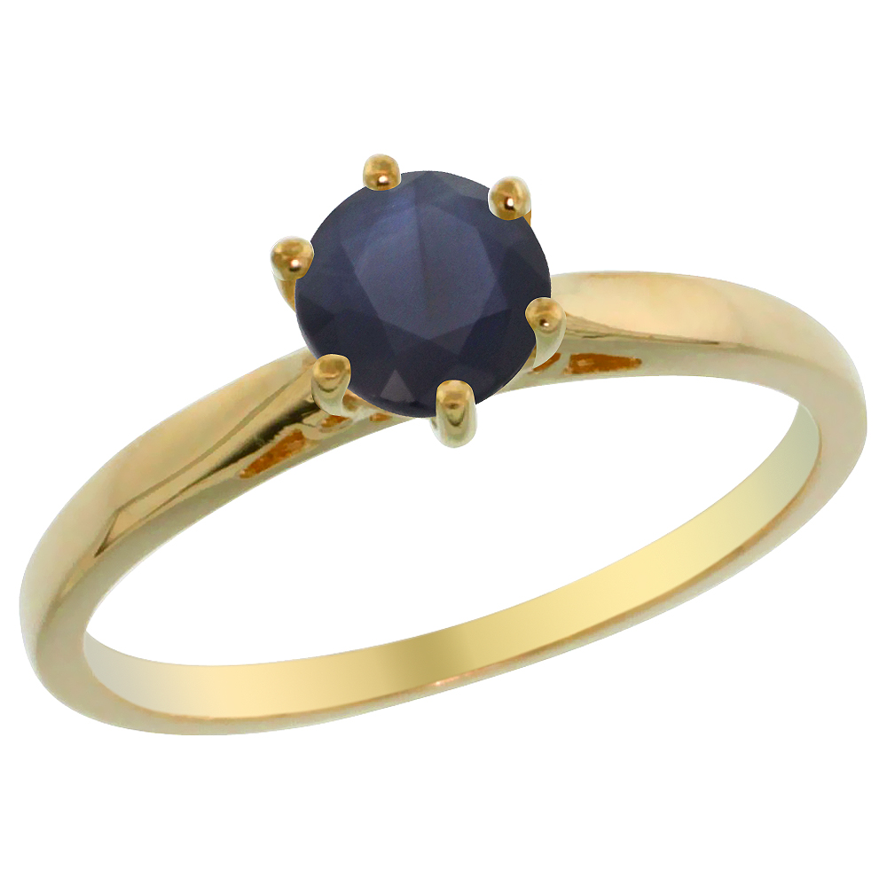14K Yellow Gold Diamond Natural Quality Blue Sapphire Solitaire Engagement Ring Round 5mm, size 5 - 10