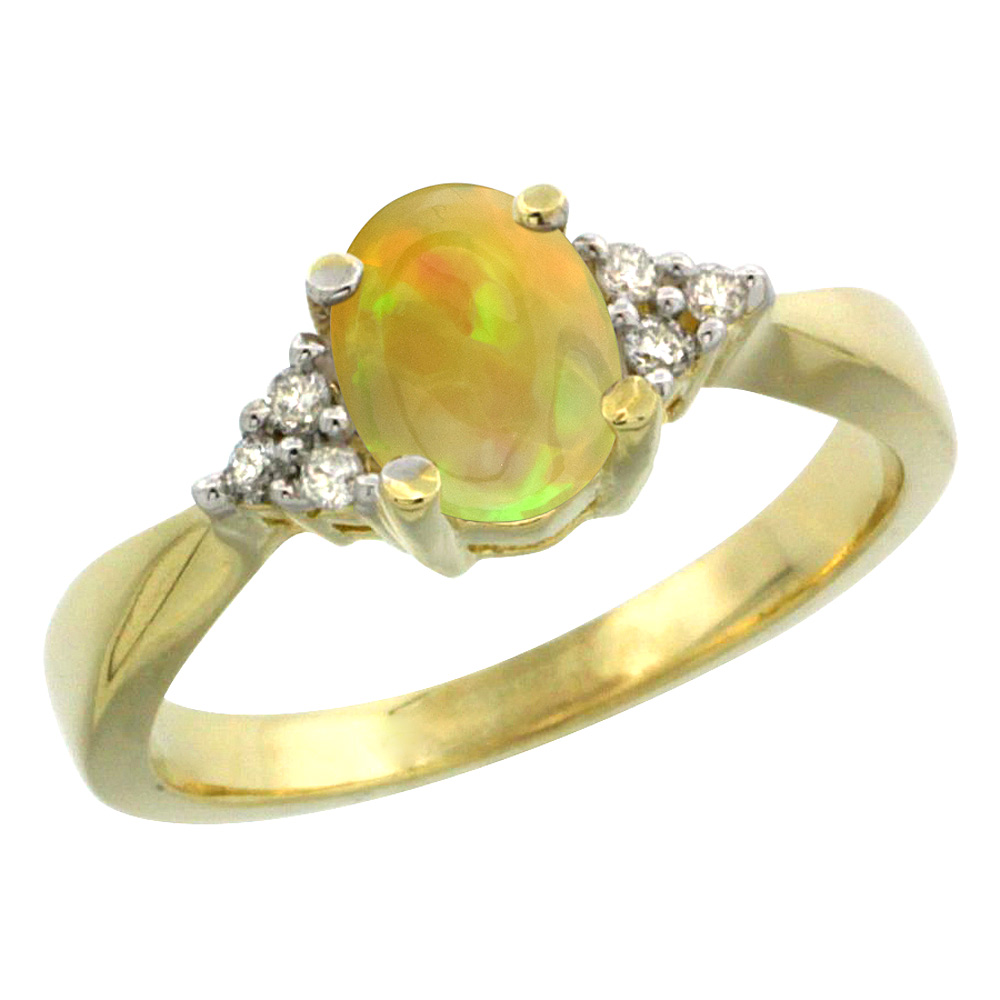 14K Yellow Gold Diamond Natural Ethiopian Opal Engagement Ring Oval 7x5mm, size 5-10