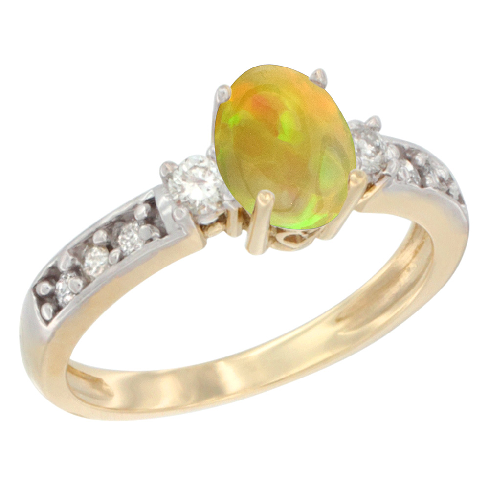 14K Yellow Gold Diamond Natural Ethiopian Opal Engagement Ring Oval 7x5 mm, size 5 - 10