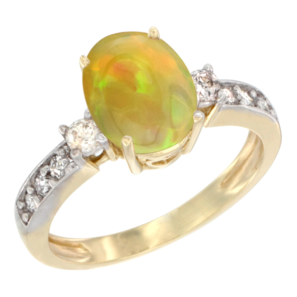 14K Yellow Gold Diamond Natural Ethiopian Opal Engagement Ring Oval 9x7 mm, size 5 - 10