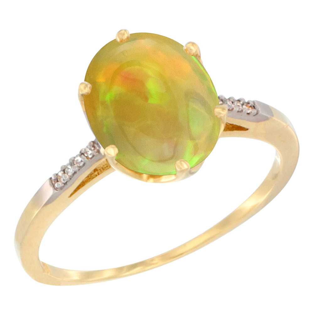 14K Yellow Gold Diamond Natural Ethiopian Opal Engagement Ring 10x8 mm Oval, size 5 - 10