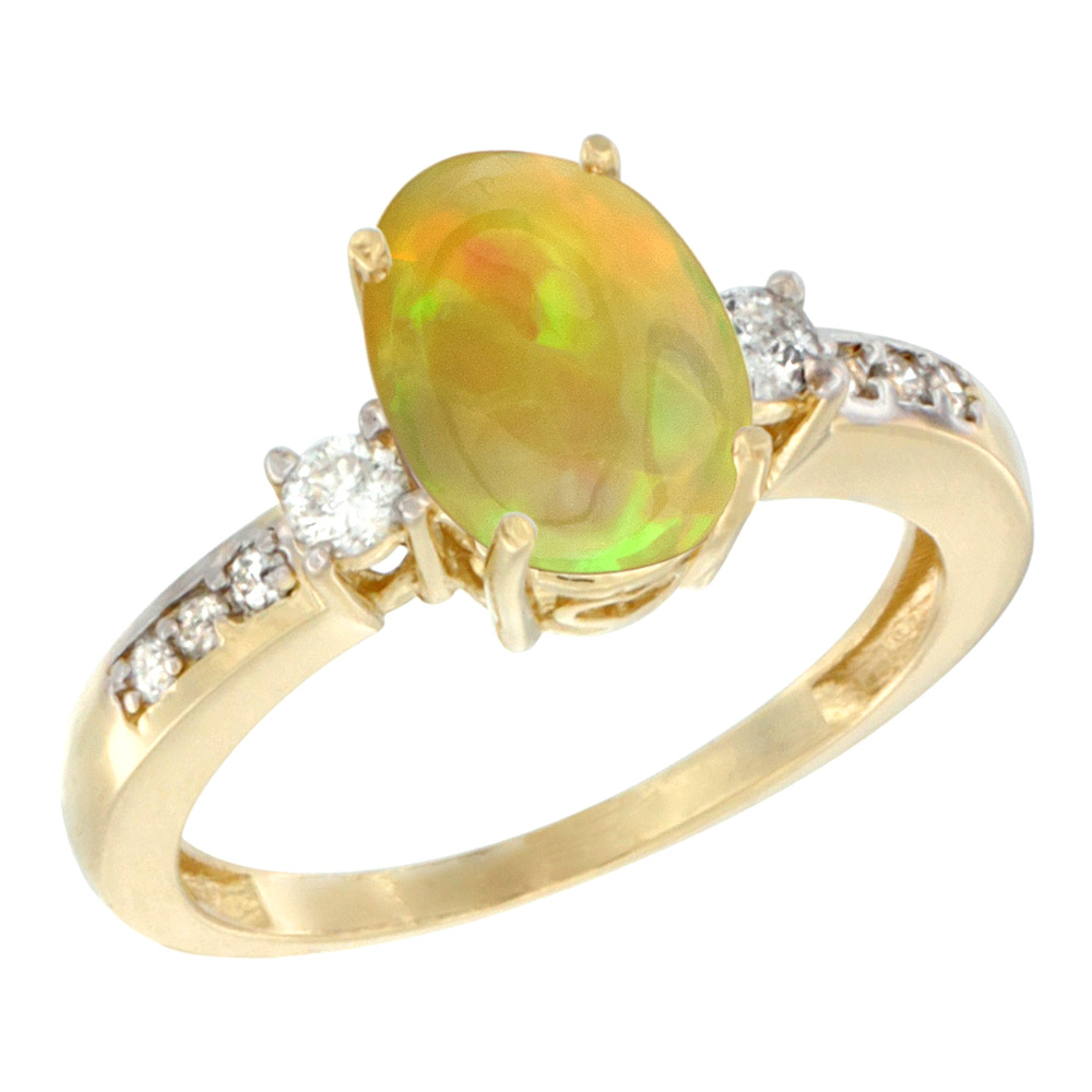 14K Yellow Gold Diamond Natural Ethiopian Opal Engagement Ring Oval 9x7 mm, size 5 - 10