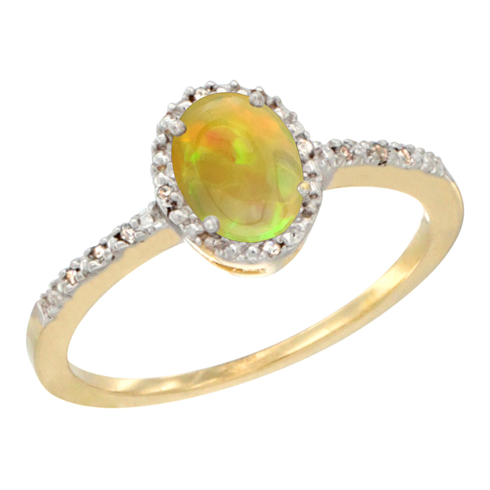 14K Yellow Gold Diamond Natural Ethiopian Opal Engagement Ring Oval 7x5 mm, size 5 - 10
