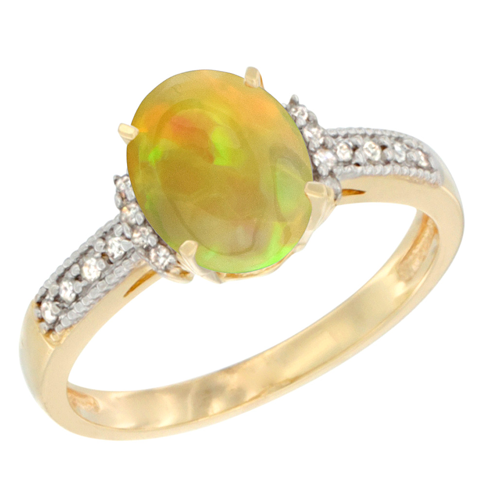 14K Yellow Gold Diamond Natural Ethiopian Opal Engagement Ring Oval 9x7 mm, size 5 - 10