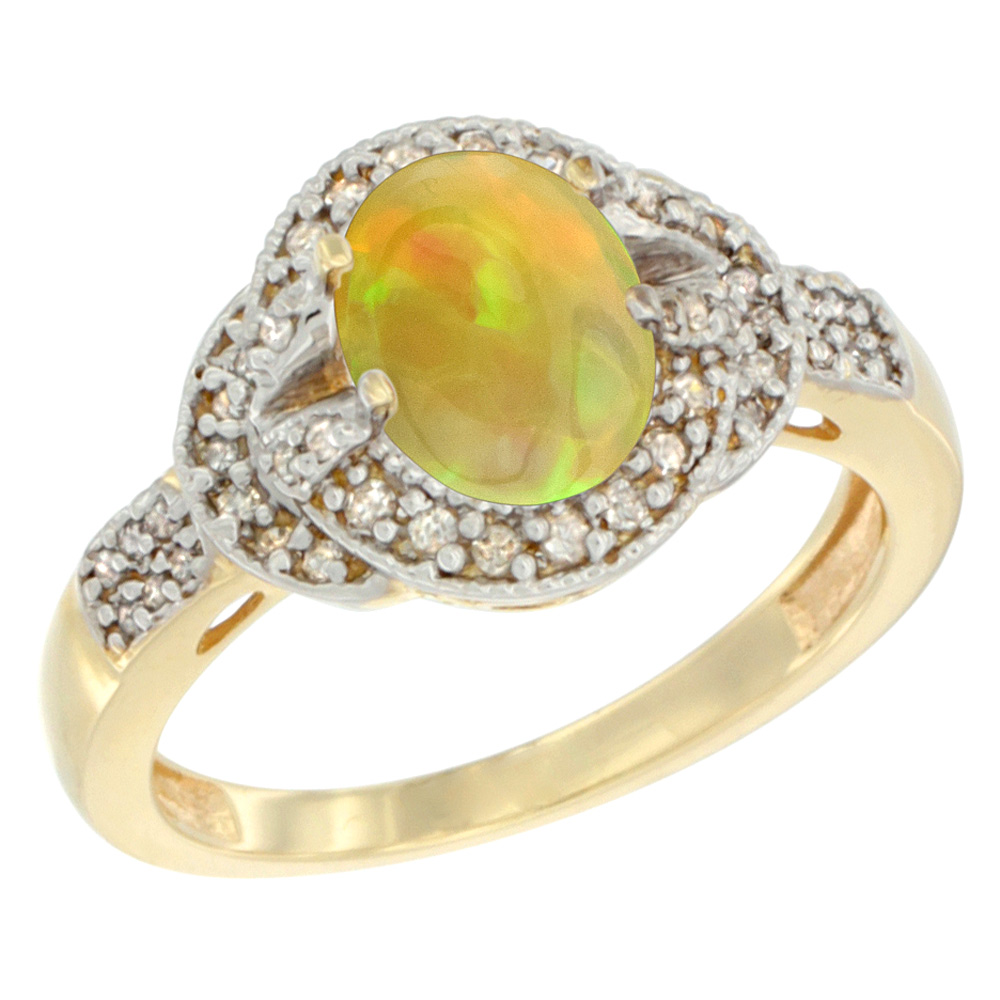14K Yellow Gold Diamond Natural Ethiopian Opal Engagement Ring Oval 8x6 mm, size 5 - 10