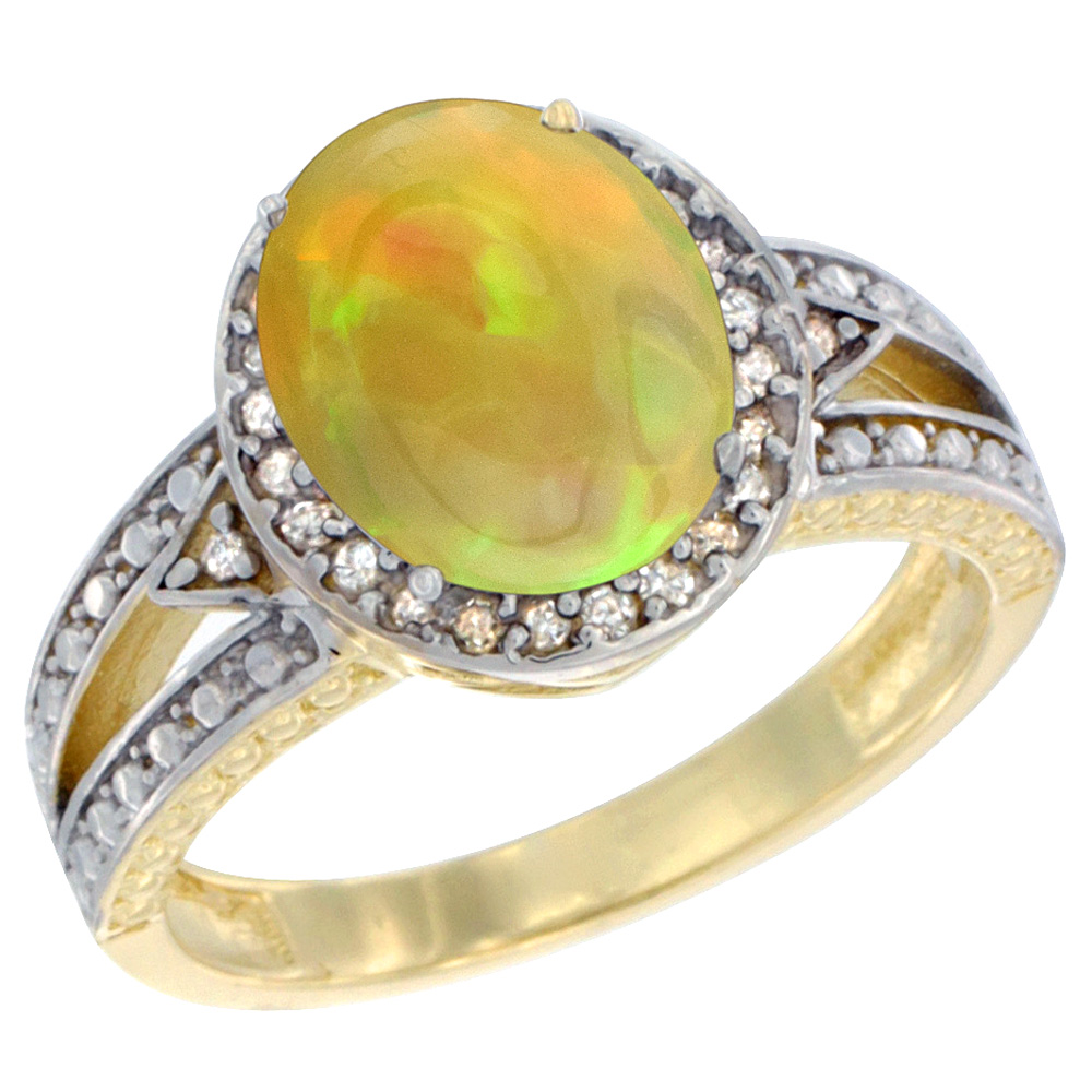 10k Yellow Gold Diamond Halo Natural Ethiopian Opal Engagement Ring Oval 9x7 mm, size 5 - 10