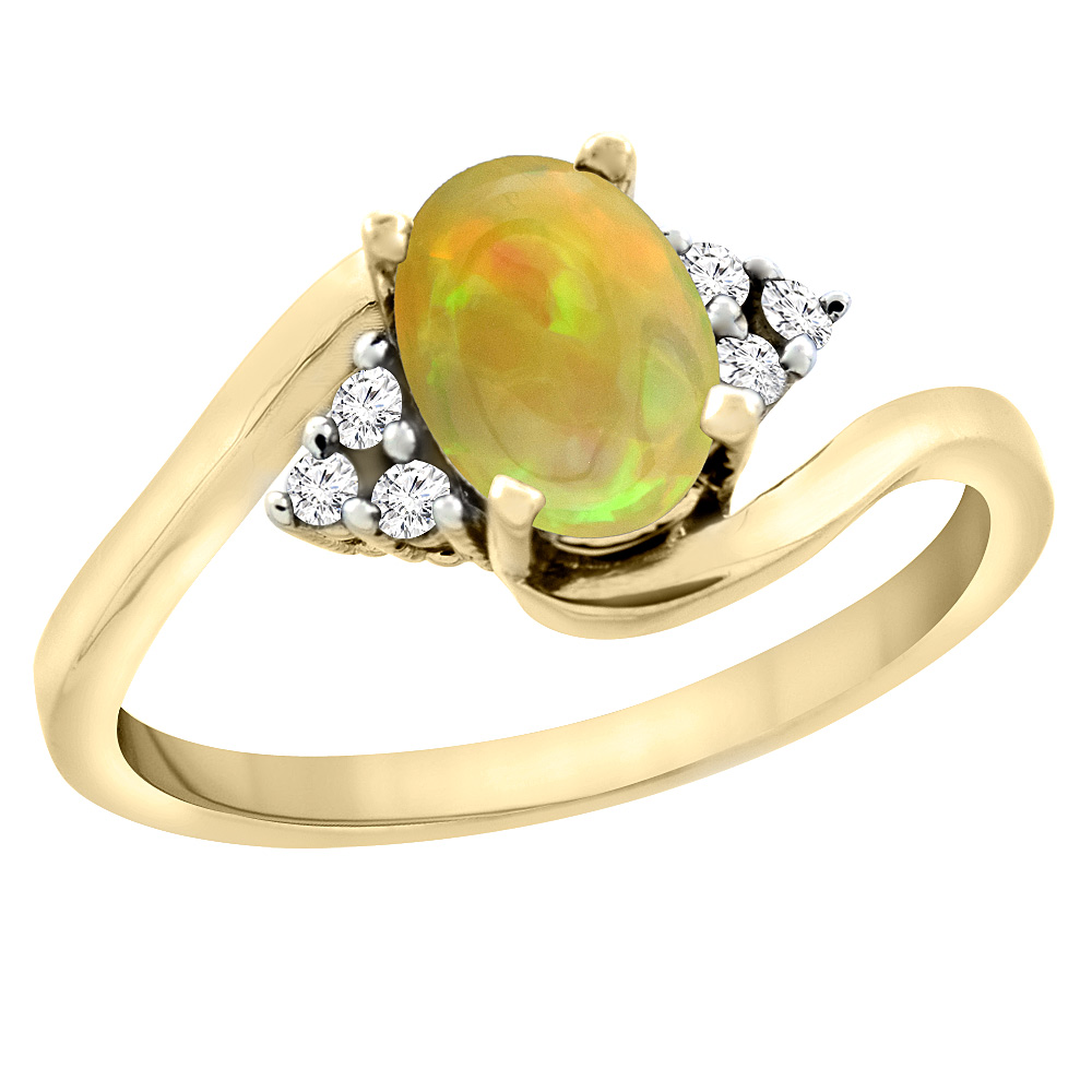 14K Yellow Gold Diamond Natural Ethiopian Opal Engagement Ring Oval 7x5mm, size 5 - 10