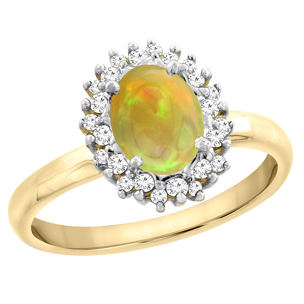 14K Yellow Gold Diamond Natural Ethiopian Opal Engagement Ring Oval 7x5mm, size 5 - 10