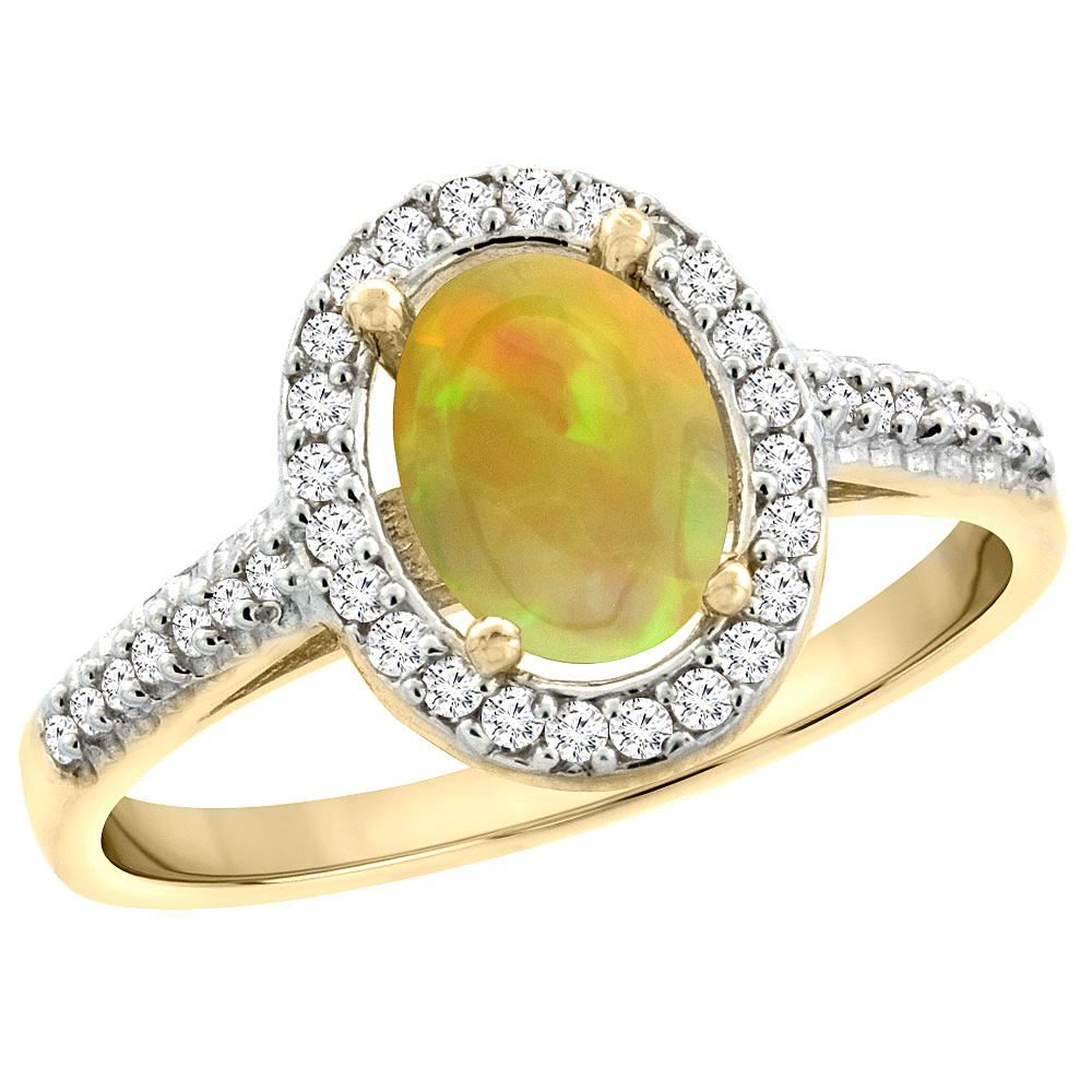14K Yellow Gold Diamond Halo Natural Ethiopian Opal Engagement Ring Oval 7x5 mm, size 5 - 10