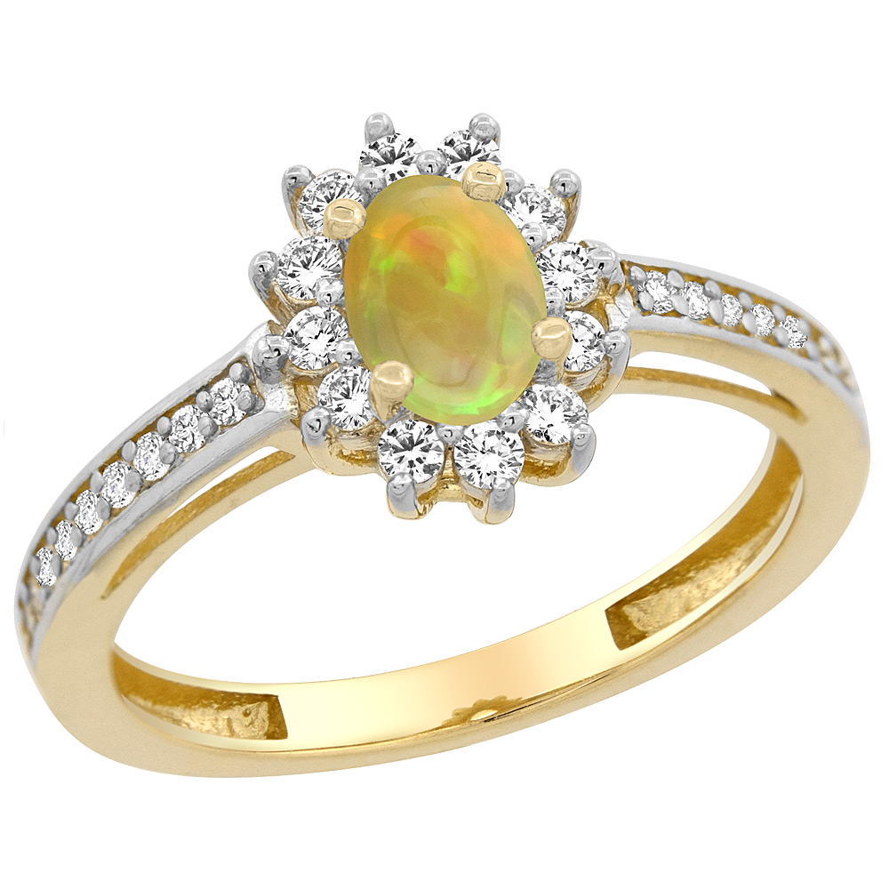 10K Yellow Gold Diamond Halo Natural Ethiopian Opal Diamond Halo Engagement Ring Oval 6x4 mm, size 5 - 10