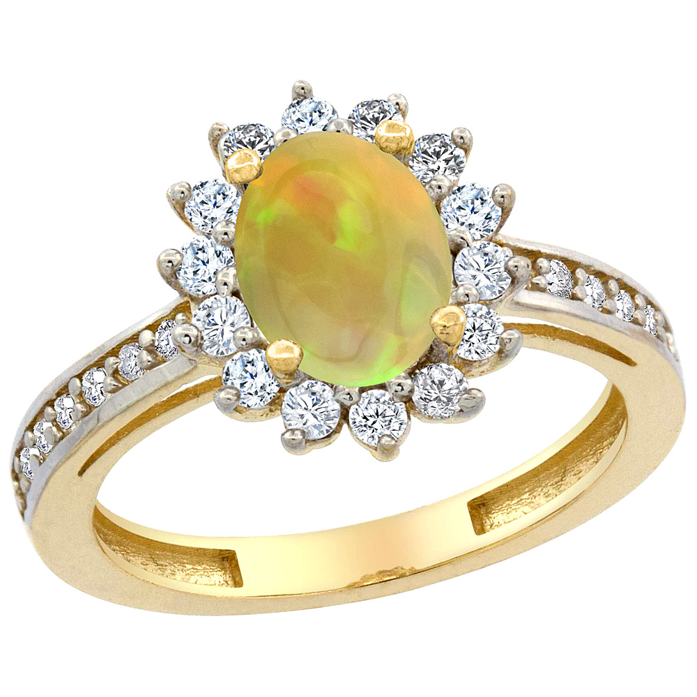 10K Yellow Gold Diamond Halo Natural Ethiopian Opal Diamond Halo Engagement Ring Oval 8x6mm, size 5 - 10