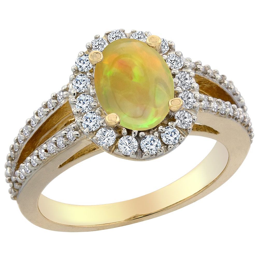 10K Yellow Gold Diamond Halo Natural Ethiopian Opal Engagement Ring Oval 8x6 mm, size 5 - 10