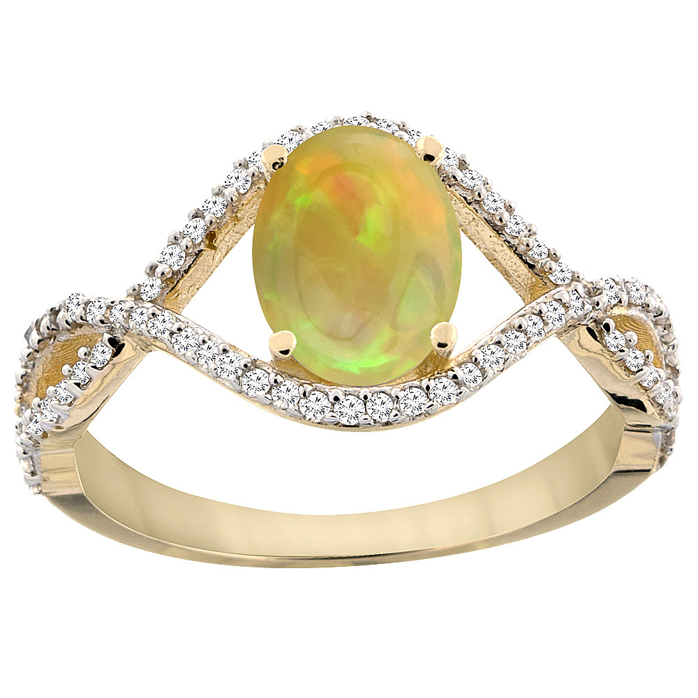 10K Yellow Gold Diamond Natural Ethiopian Opal Engagement Ring Oval 8x6 mm Infinity, size 5 - 10