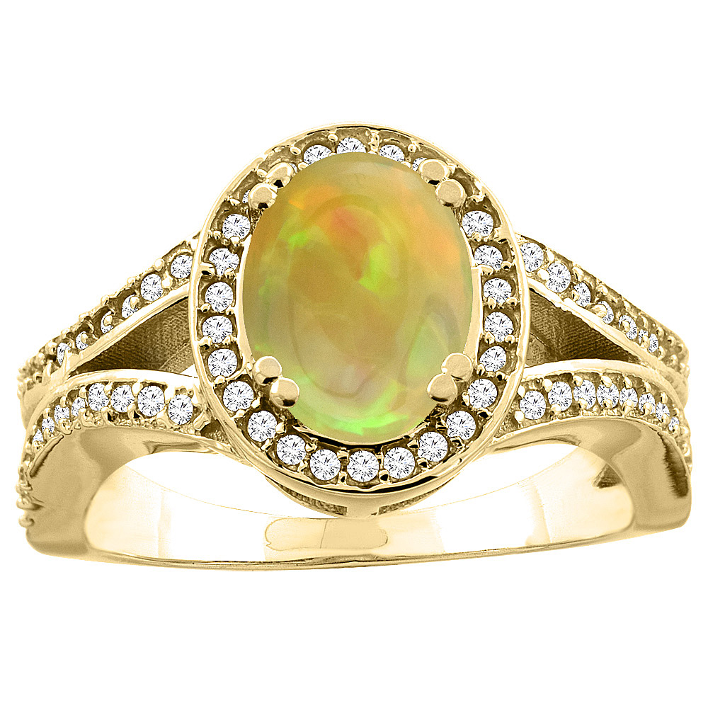 10K White/Yellow Gold Diamond Natural Ethiopian Opal Split Engagement Ring Oval 8x6mm, size 5 - 10