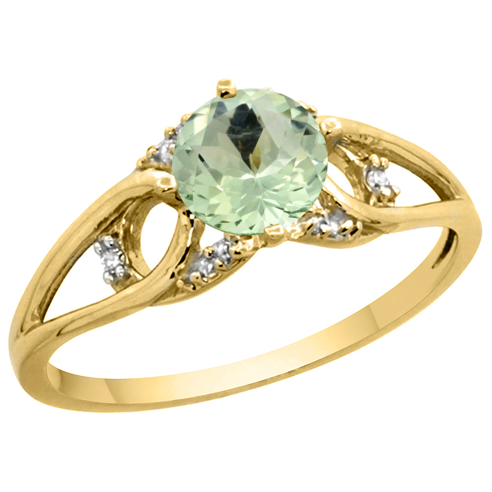 14k Yellow Gold Diamond Natural Green Amethyst Engagement Ring Round 6 mm, sizes 5 - 10