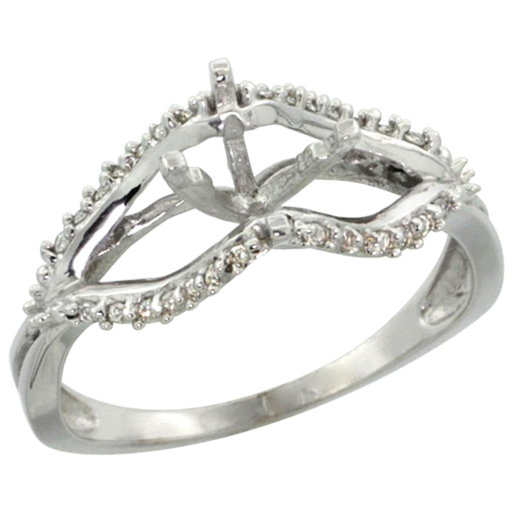 14k White Gold Semi Mount Ring (for 6mm 1 Ct Size) 0.13ct Diamond Accents, 5/16 inch wide, size 9.5