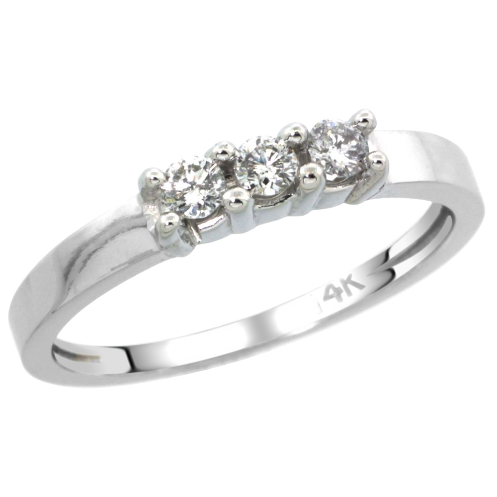 14k White Gold 3-Stone Diamond Engagement Ring w/ 0.22 Carat Brilliant Cut ( H-I Color; VS2-SI1 Clarity ) Diamonds, 5/32 in. (3.5mm) wide