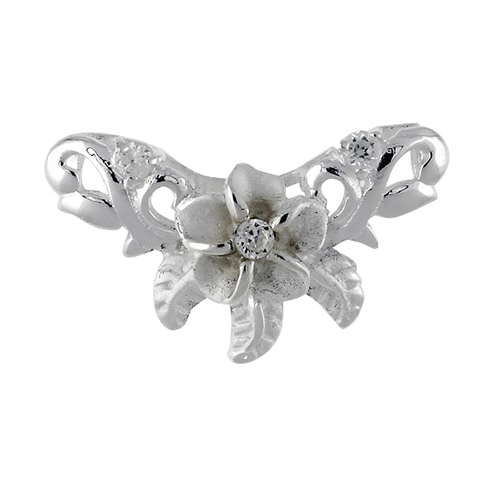 Sterling Silver Hawaiian Plumeria Two-Bail Pendant Cubic Zirconia Accents, 13/16 inch wide