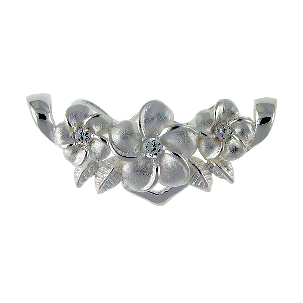 Sterling Silver Hawaiian Plumeria Two-Bail Pendant Cubic Zirconia Accents, 1 3/8 inch wide