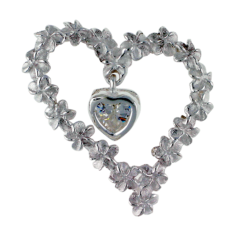 Sterling Silver Hawaiian Plumeria Heart Pendant Cubic Zirconia Accent, 1 inch wide