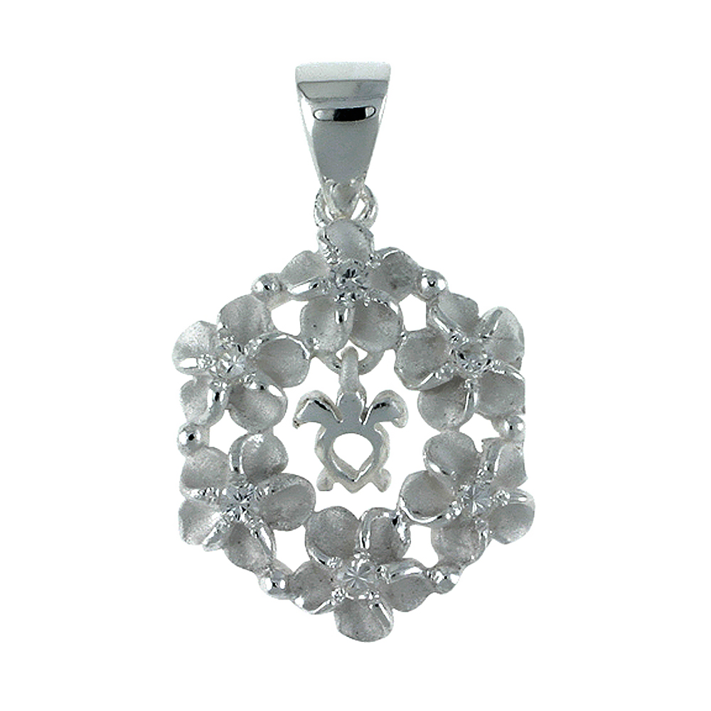 Sterling Silver Hawaiian Plumeria Wreath Pendant Honu (Turtle) Accent, 9/16 inch wide