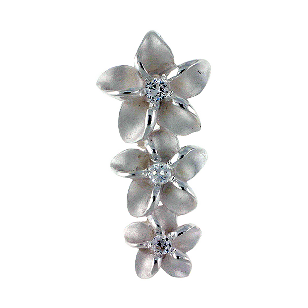 Sterling Silver Hawaiian Graduated Plumeria Pendant Cubic Zirconia Accents, 1 inch wide