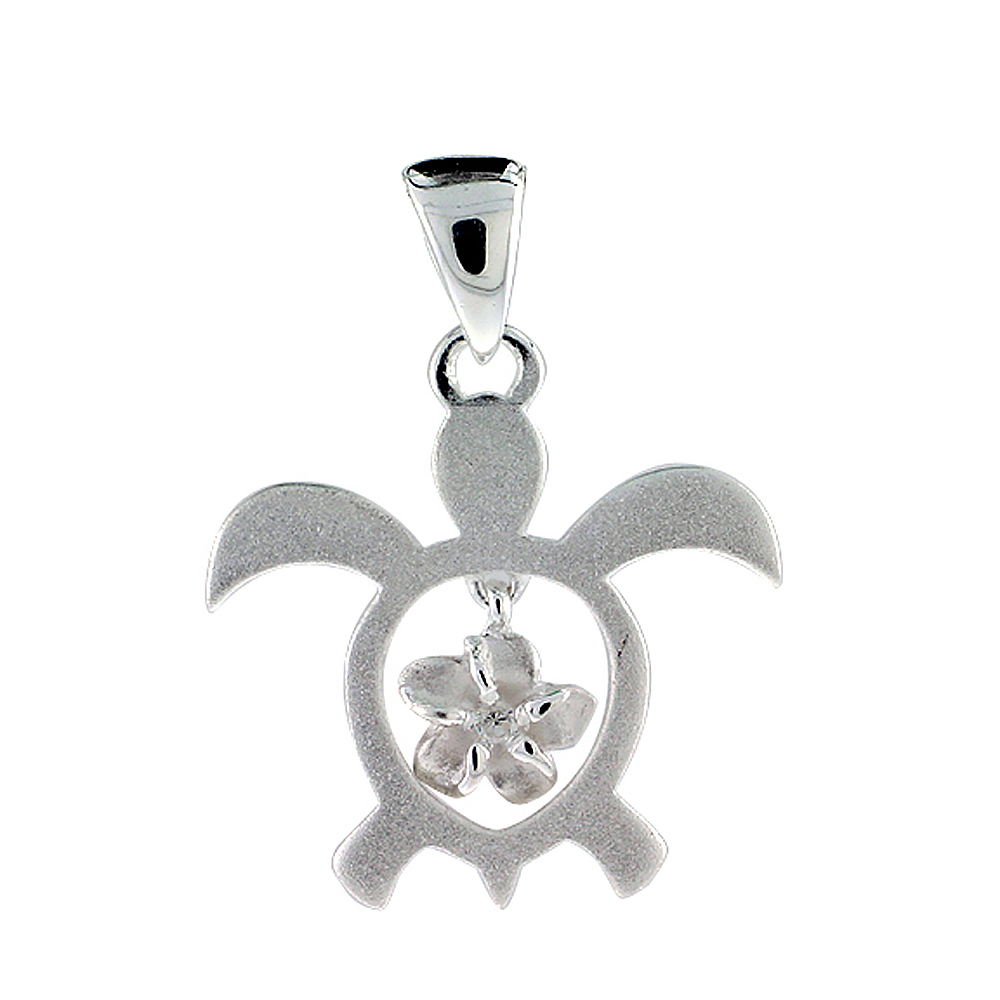 Sterling Silver Hawaiian Honu (Turtle) Pendant Plumeria and Cubic Zirconia Accents, 3/4 inch wide