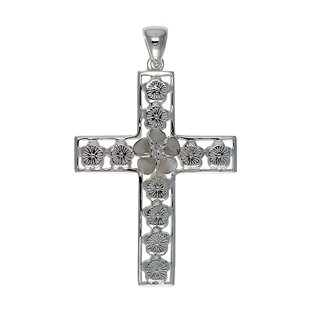 Sterling Silver Hawaiian Plumeria Cross Pendant, 1 5/8 inch wide