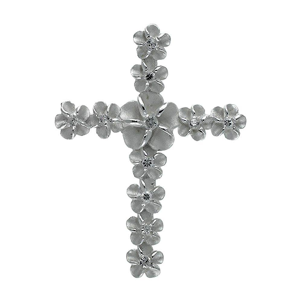 Sterling Silver Hawaiian Plumeria Cross Pendant, 1 9/16 inch wide