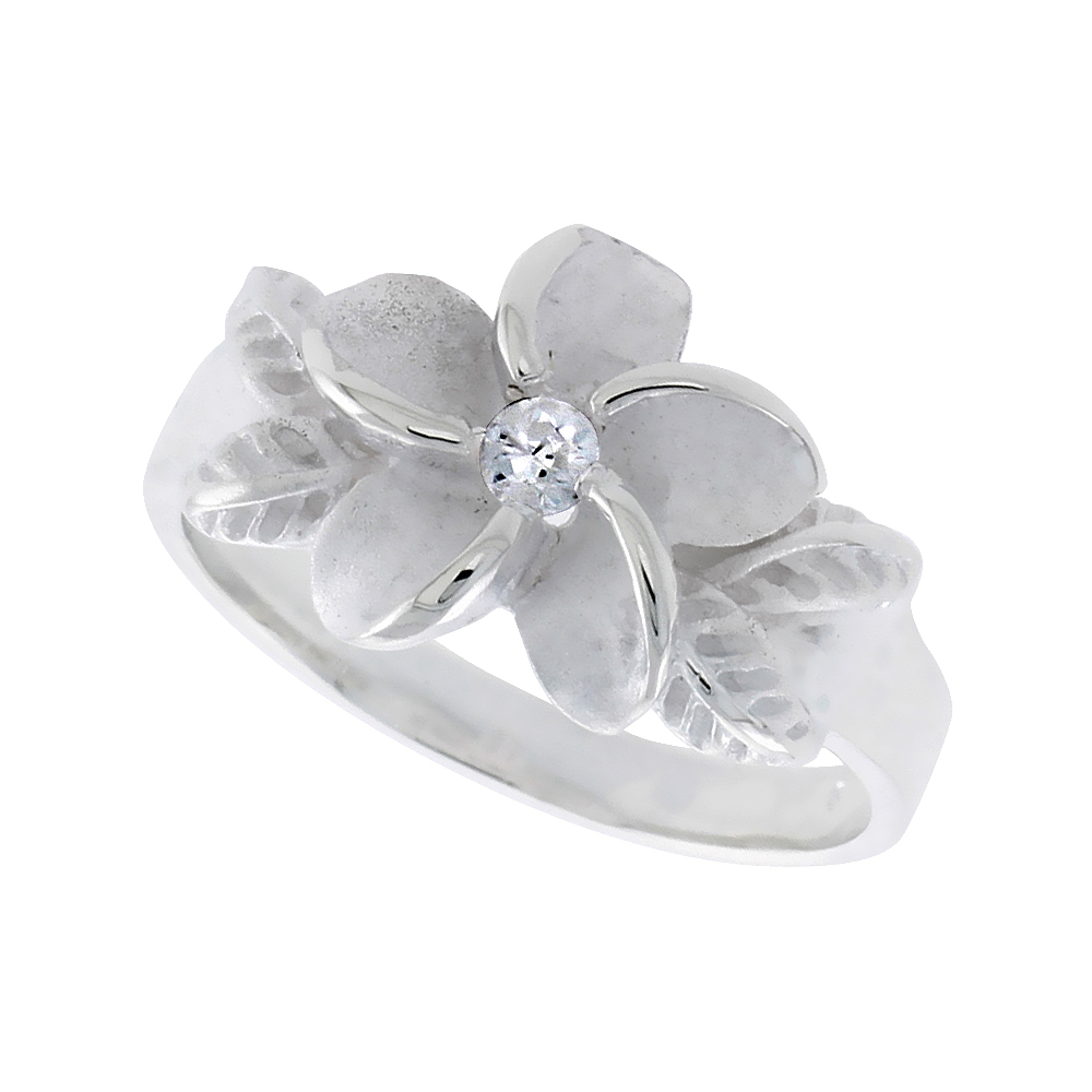 Sterling Silver Hawaiian Plumeria Ring Yellow Gold Accents, 1/2 inch wide, sizes 8 - 9