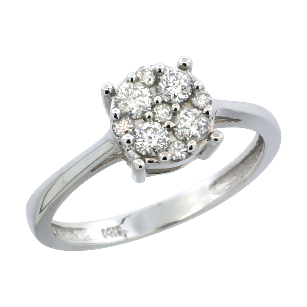 10k White Gold Round Cluster Diamond Engagement Ring w/ 0.37 Carat Brilliant Cut Diamonds, 9/32 in. (7.5mm) wide