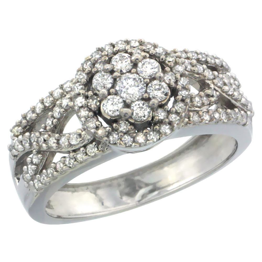 10k White Gold Floral Cluster Diamond Engagement Ring w/ 0.69 Carat Brilliant Cut Diamonds, 3/8 in. (10mm) wide