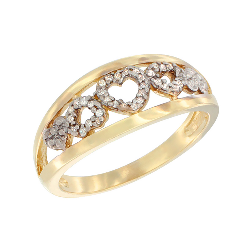 10K Yellow Gold Diamond Dainty Hearts Ring 3/8 inch wide, sizes 5 - 10