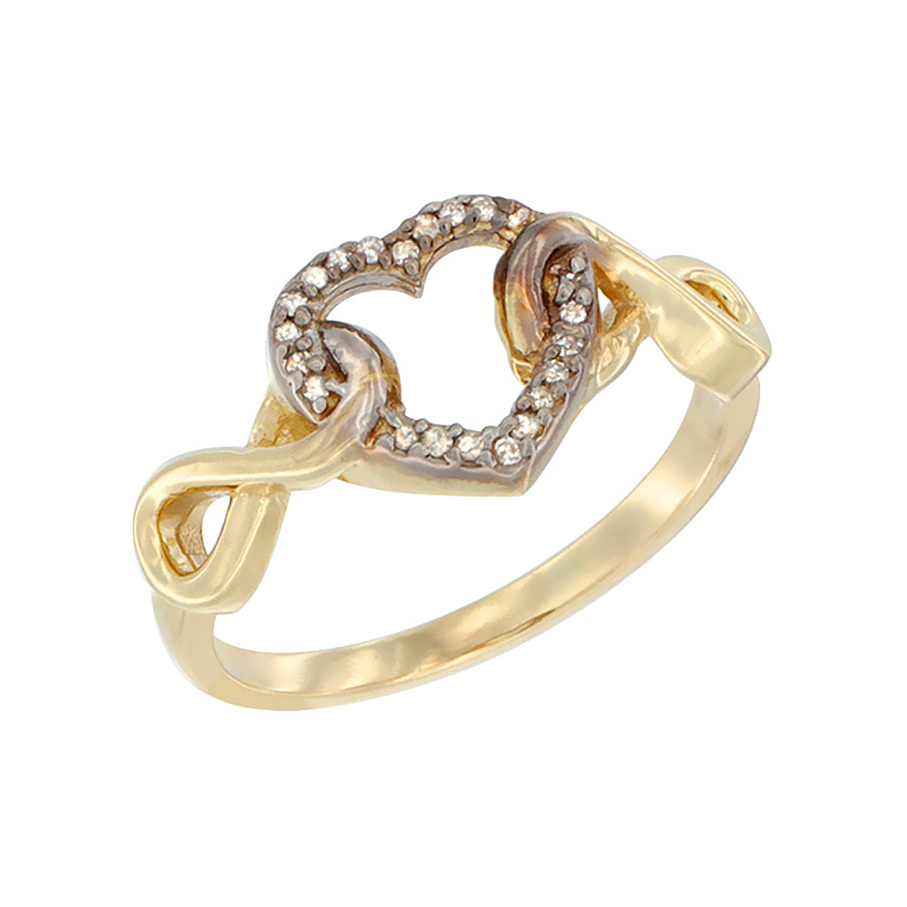 10K Yellow Gold Diamond Heart Ring Infinity Symbols 3/8 inch wide, sizes 5 - 10