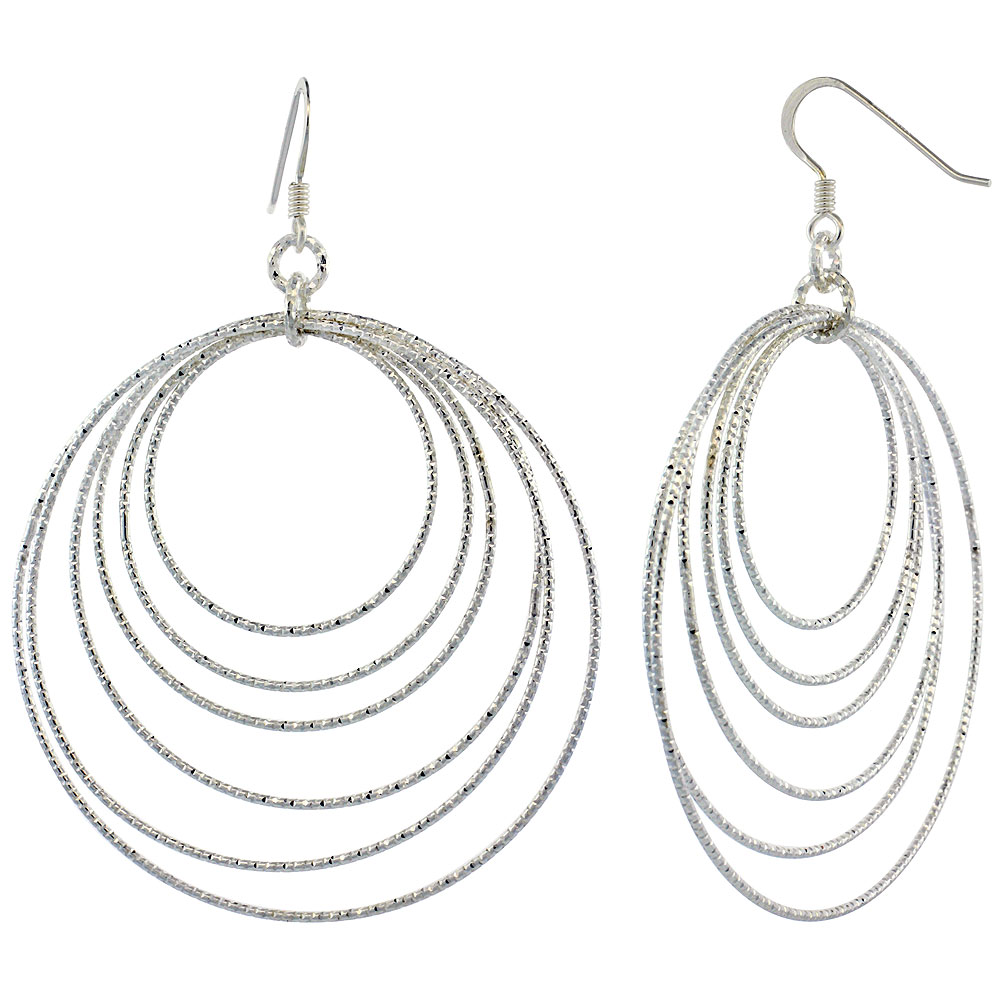 Sterling Silver Diamond Cut Tubing Dangling Circles Earrings 2-3/4 in. tall