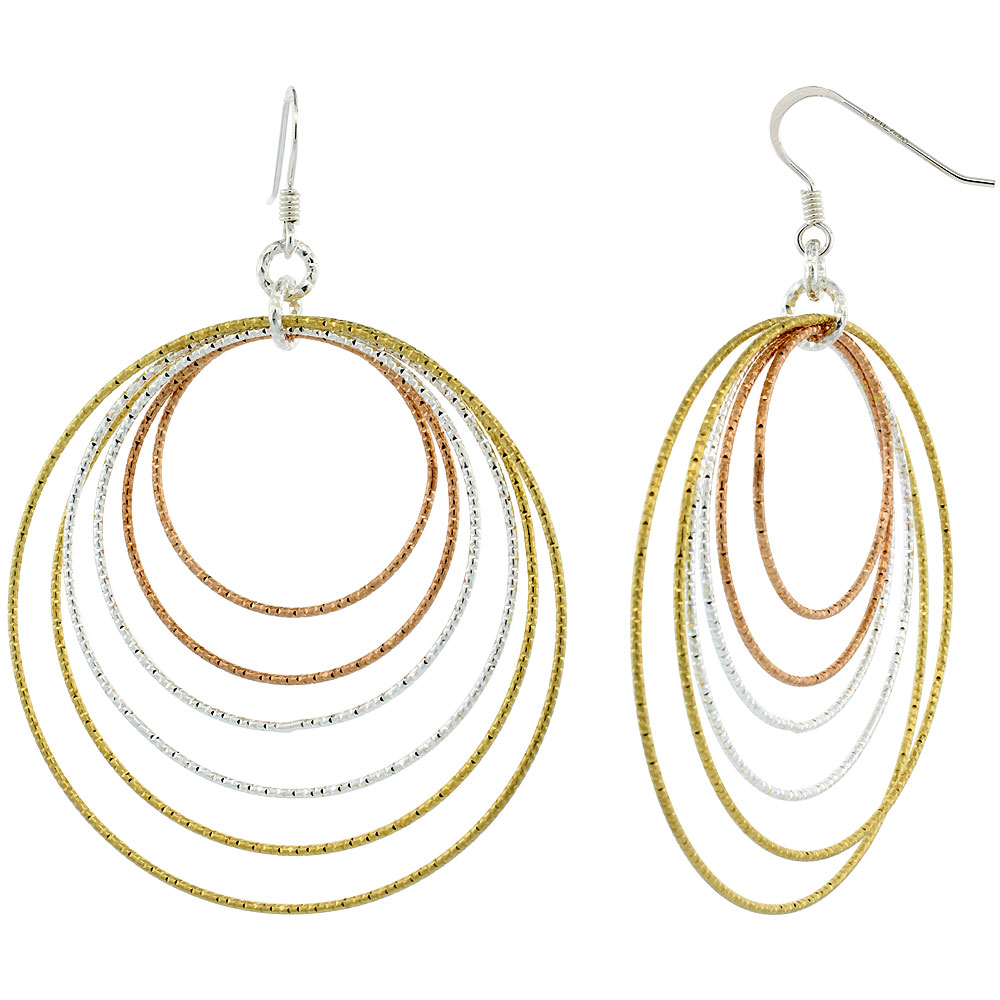 Sterling Silver Tri-Color Diamond Cut Tubing Dangling Circles Earrings 2-3/4 in. tall