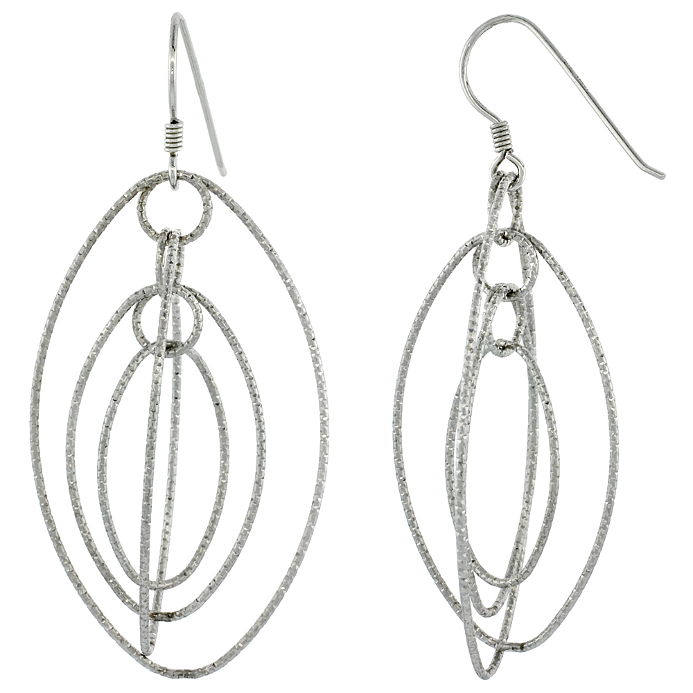 Sterling Silver 4 Elliptical Circles Dangling Earrings Womens Diamond Cut Rhodium Finish 2 5/8 inch tall